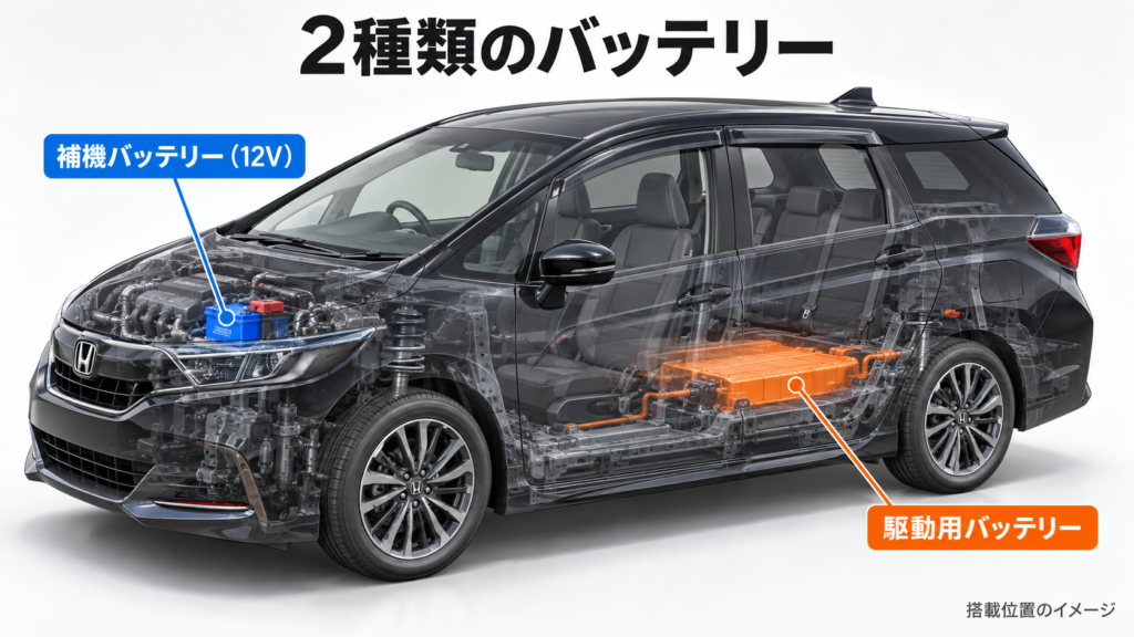 ホンダ・シャトル ハイブリッドの補機バッテリーと駆動用バッテリーの搭載位置を示したイメージ