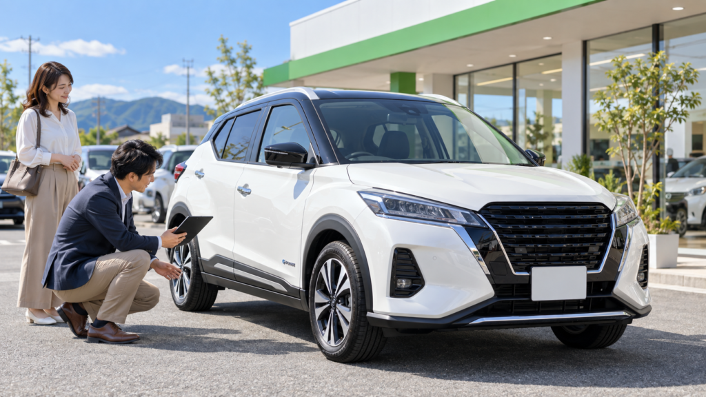 晴れた日に買取店で査定を受ける白い日産キックス
