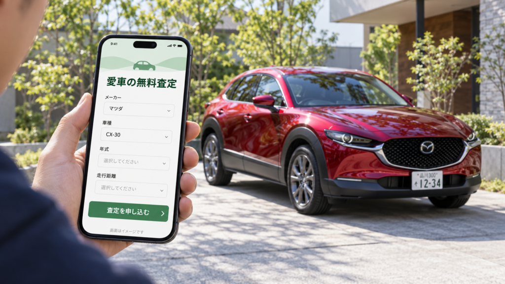 赤いマツダCX-30を背景に、スマートフォンで無料査定の申し込み画面を確認するイメージ画像