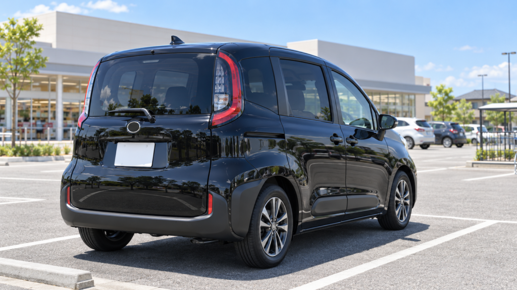 晴れた日のスーパーの駐車場に停められた黒いシエンタの後ろ姿