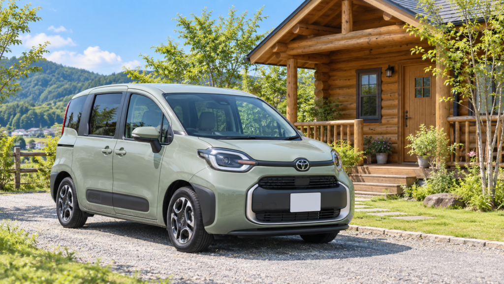 晴れた日にログハウス前へ駐車された薄いグリーンのシエンタ