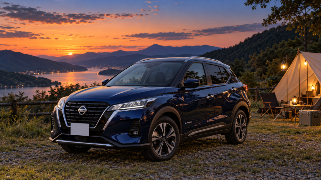 夕暮れのキャンプ場に停まる紺色の日産キックス
