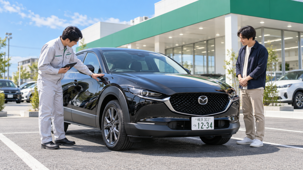 晴れた買取店の屋外で黒いマツダCX-30の車体を確認する査定スタッフとオーナーのイメージ画像