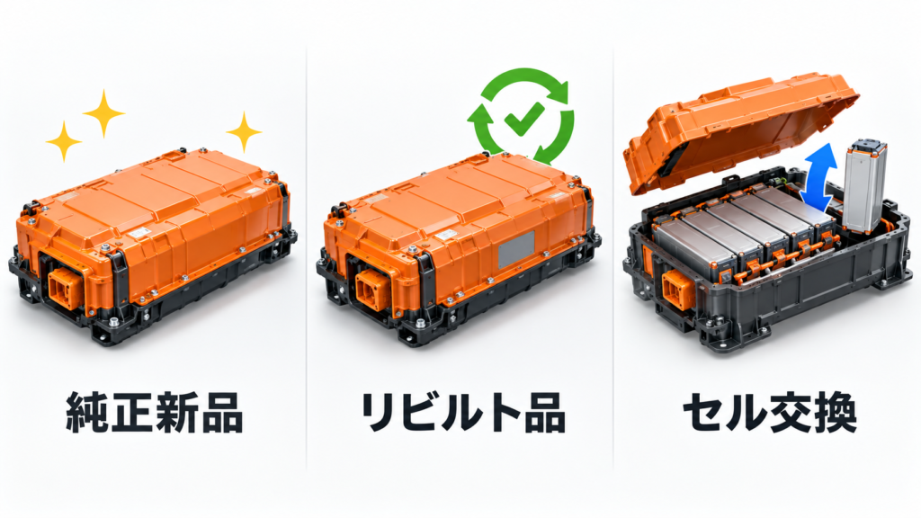 駆動用バッテリーの純正新品・リビルト品・セル交換を比較したイラスト