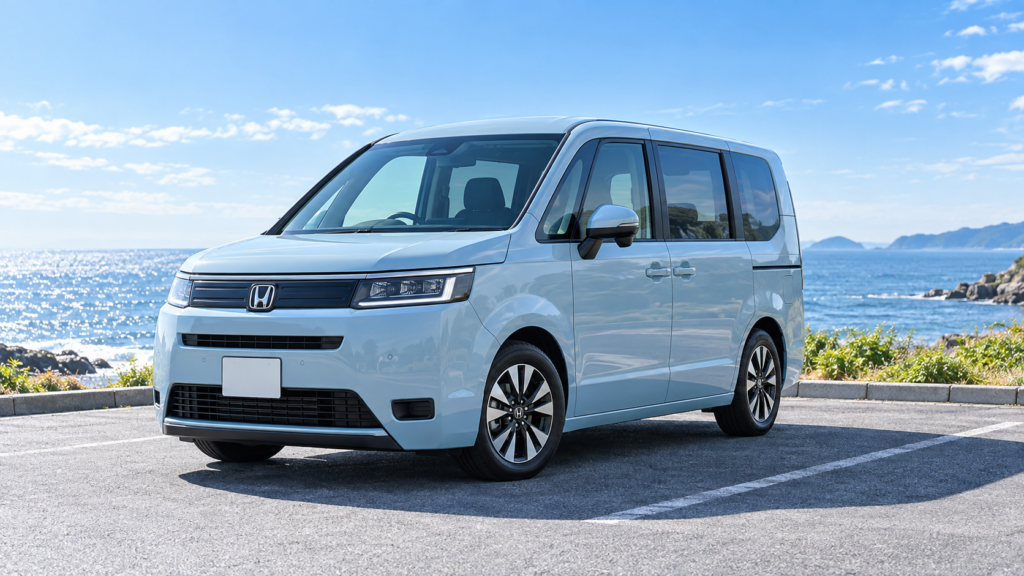 晴れた海岸沿いの駐車場に停まる水色のステップワゴン AIR