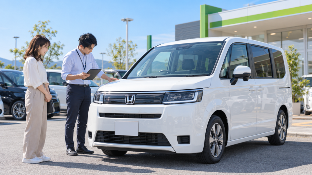 晴れた日に白い現行型ステップワゴン AIRを買取店で査定しているイメージ