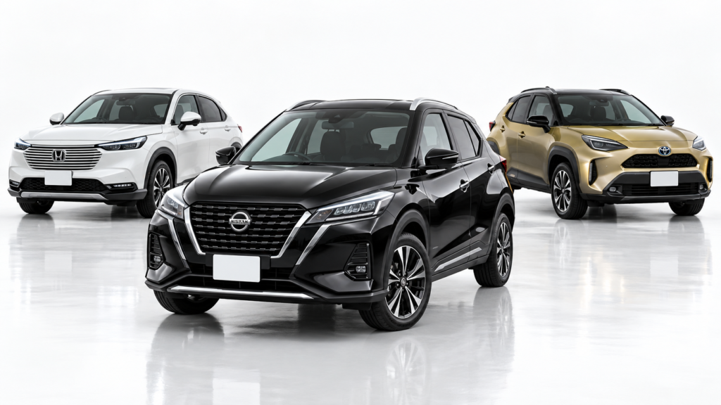 白いスタジオで、黒い日産キックスを中央に、白いホンダ ヴェゼルとゴールドのトヨタ ヤリスクロスを並べた画像