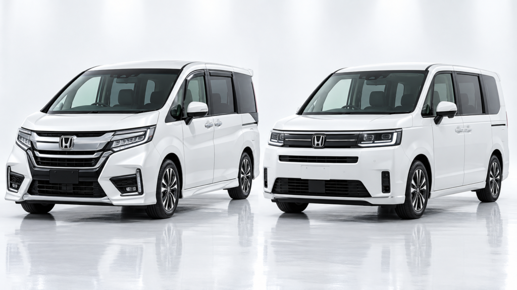 白いスタジオに並ぶ先代と現行型の白いステップワゴン スパーダ