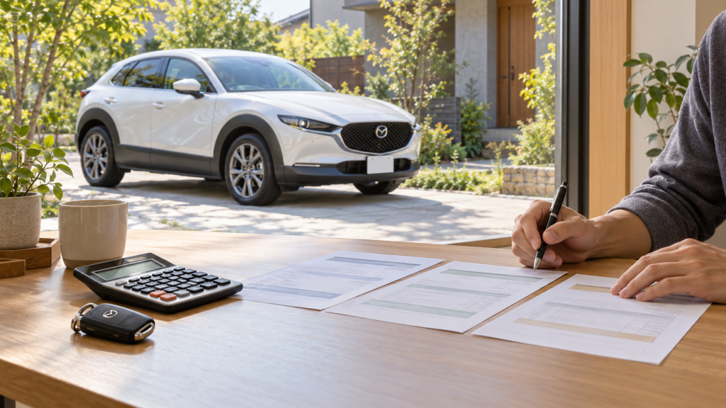 白いマツダCX-30を背景に、見積書と電卓で売却や維持にかかる費用を比較するイメージ画像
