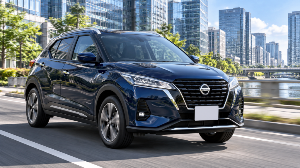 晴れた日のビル街を走る紺色の日産キックス