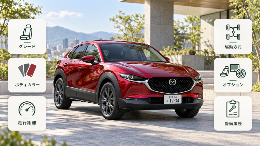 赤いマツダCX-30と、査定額を左右するグレード・ボディカラー・走行距離・駆動方式・オプション・整備履歴を示したイメージ画像