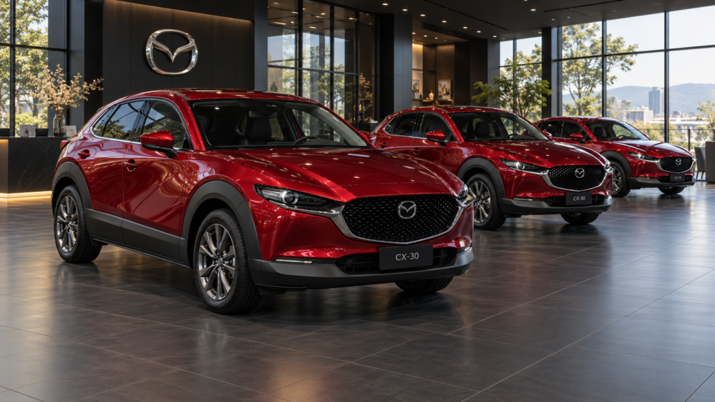 黒を基調としたショールームに赤いマツダCX-30が3台並ぶイメージ画像
