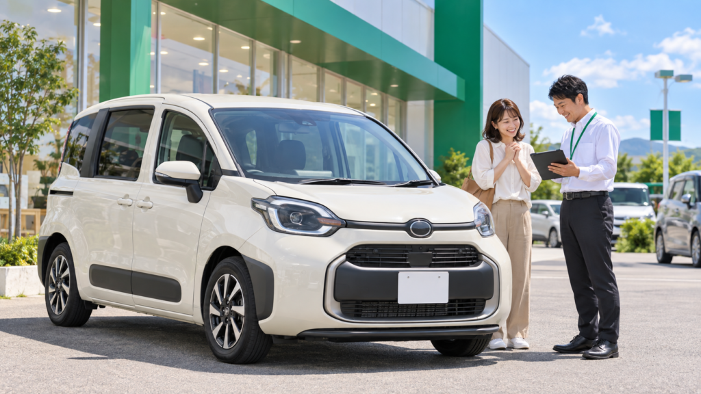 買取店で白いクリーム色の現行型シエンタを査定してもらい満足する女性オーナー