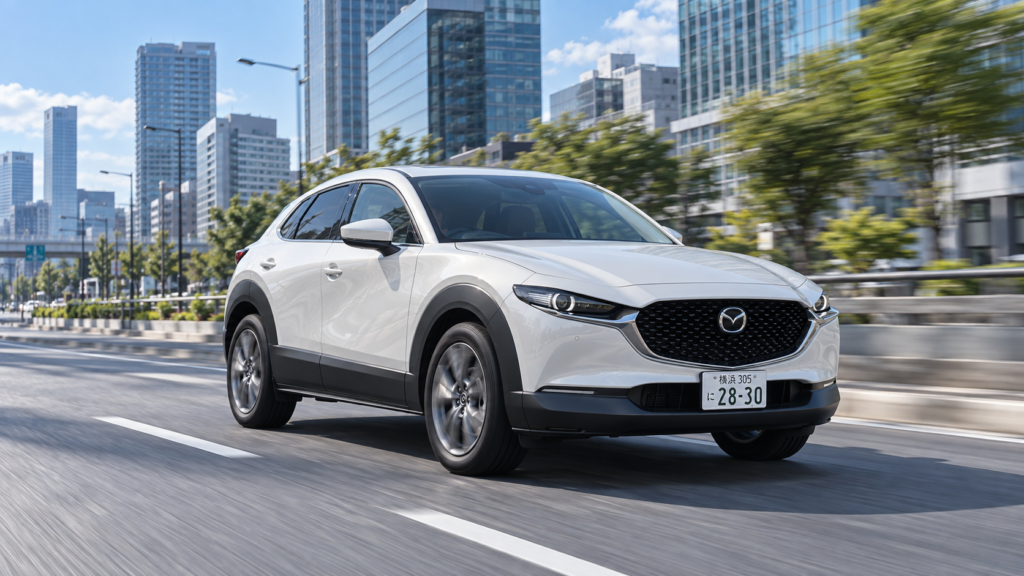 晴れた都心の道路を走る白いマツダCX-30を斜め前から捉えたイメージ画像