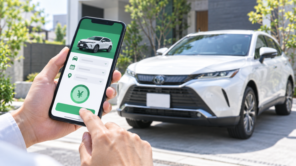 スマホの車査定サイトで白い80系トヨタ・ハリアーの査定額を調べる様子