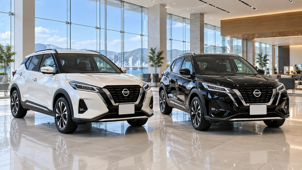 日産ディーラーのショールームに並ぶ白と黒の日産キックス