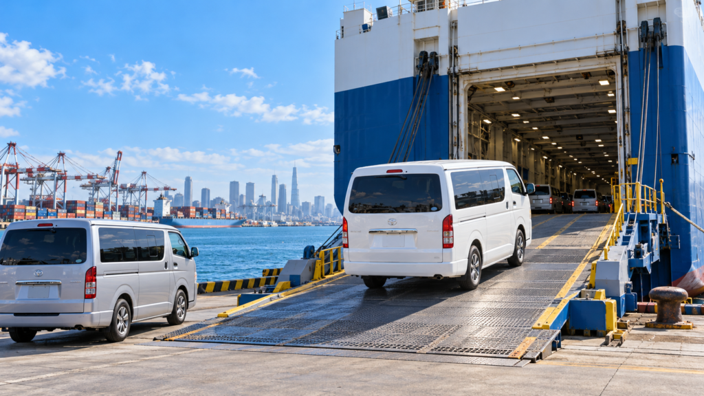 晴れた国際港で白いハイエースが自動車運搬船に乗り込む海外輸出のイメージ画像