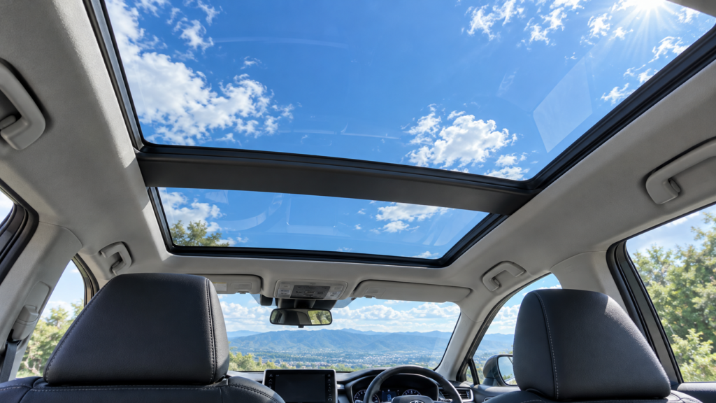 RAV4の後部座席からパノラマムーンルーフ越しに青空と白い雲を見上げる車内イメージ画像