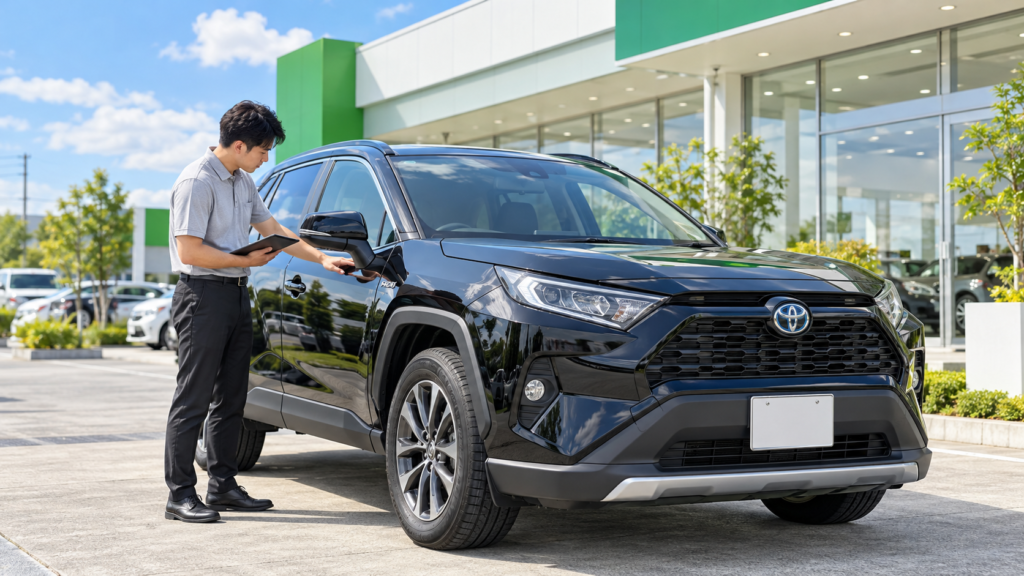 晴れた日に緑と白を基調とした車買取店で、スタッフが黒いRAV4の外装を確認している査定イメージ画像