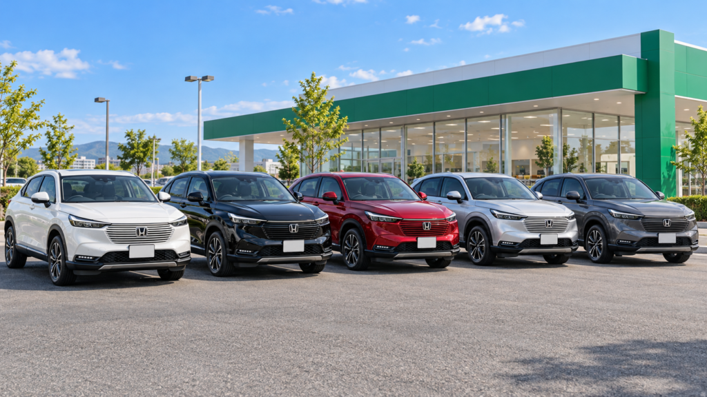 晴れた日の中古車店の屋外に、白・黒・赤・シルバー・グレーのヴェゼル5台が並ぶイメージ画像