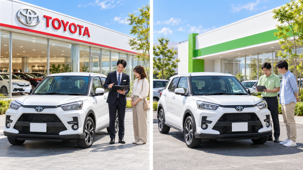 白いライズを前に、左はトヨタディーラーで下取りを相談し、右は買取店で査定を受ける比較イメージ画像