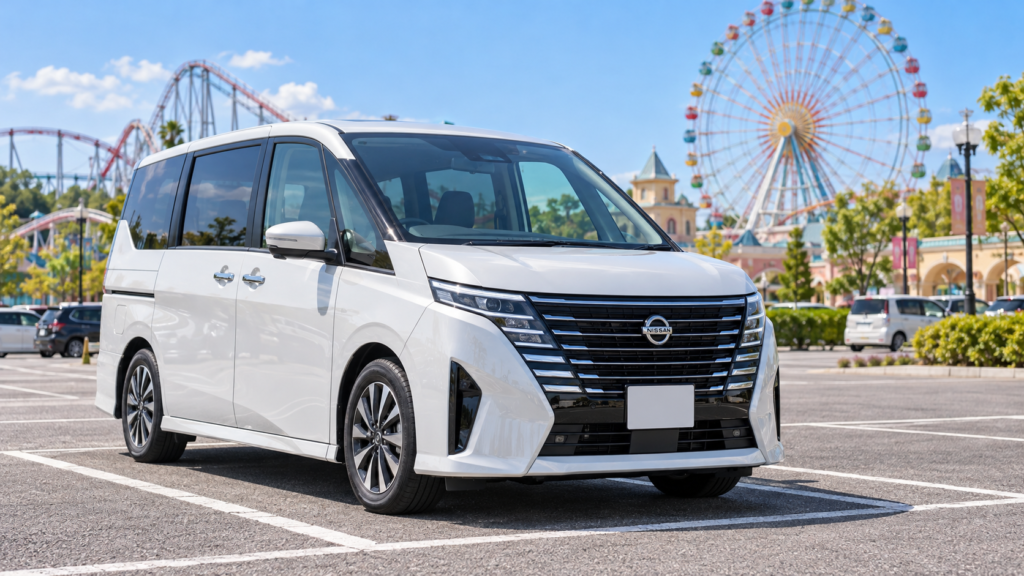 観覧車とジェットコースターを背景に、遊園地の駐車場に停まる白い日産セレナのイメージ画像