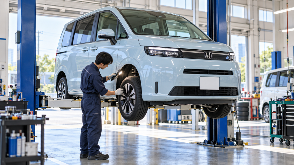 明るい整備工場でリフトに上げられ、整備士が足回りを点検する水色のホンダ・フリードの車検整備イメージ画像