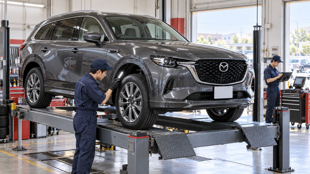 明るい整備工場のリフト上で、整備士による車検点検を受けるガンメタのマツダCX-80のイメージ画像