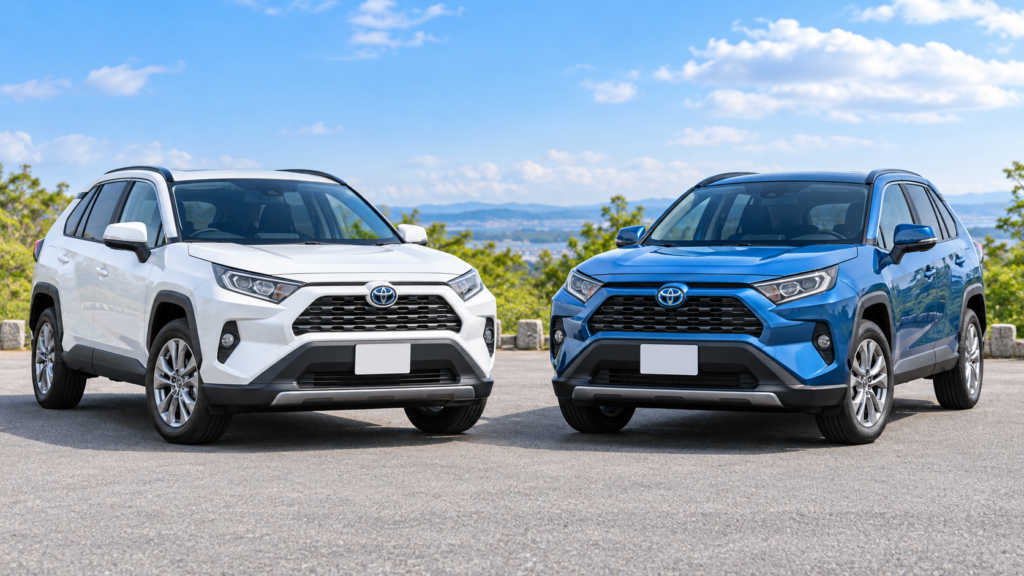 晴れた屋外で白いガソリン車と青いハイブリッド車のRAV4が並ぶ、リセール比較のイメージ画像