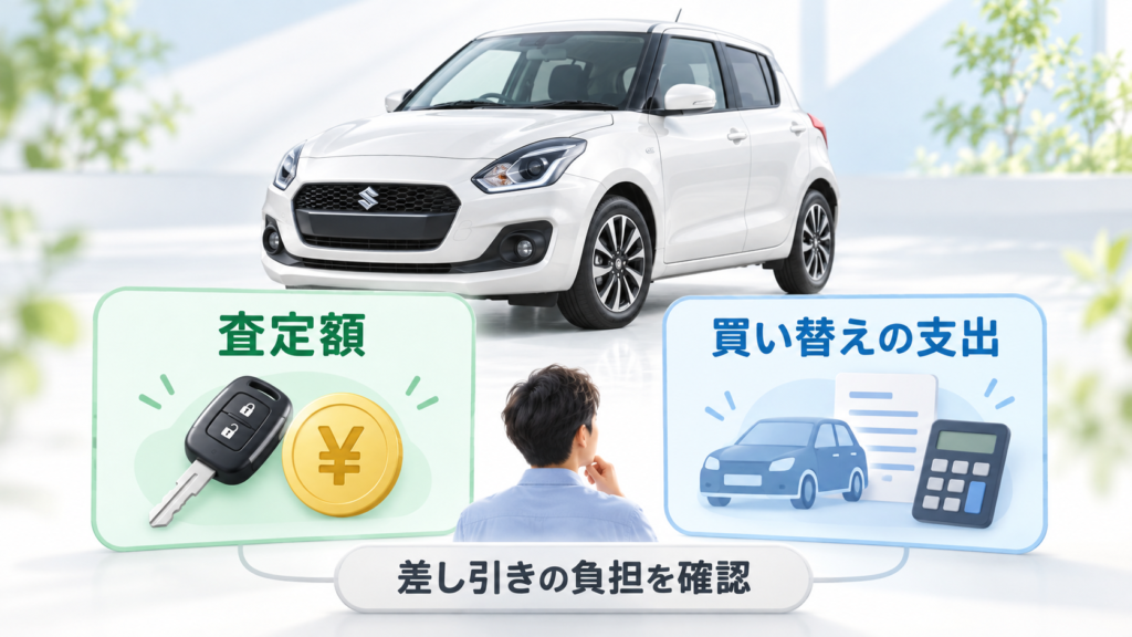 白いスイフトを背景に、査定額と買い替えの支出を見比べ、差し引きの負担を確認するイメージ画像。