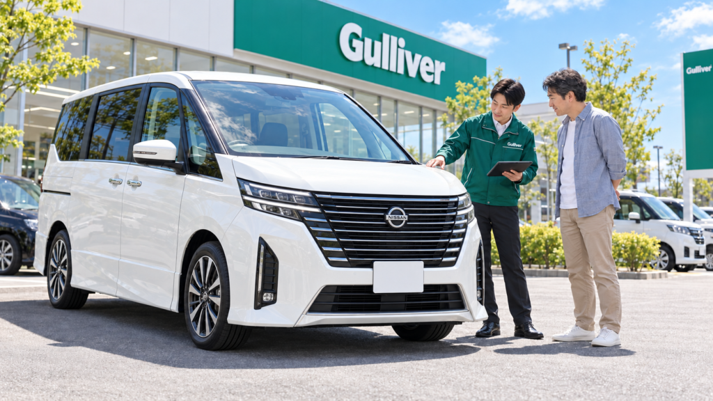 ガリバーの店舗前で、スタッフが白いセレナの車体を確認し、オーナーに説明している無料査定のイメージ画像
