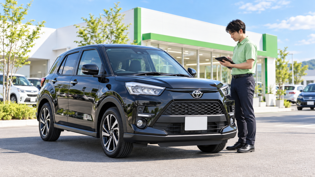 晴れた日に白と緑を基調とした買取店で、スタッフが黒いトヨタ・ライズを査定しているイメージ画像