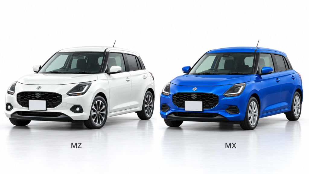 白いステージに並ぶ白の新型スイフトHYBRID MZと青のHYBRID MXのイメージ画像。各車の下にMZ・MXの表記。