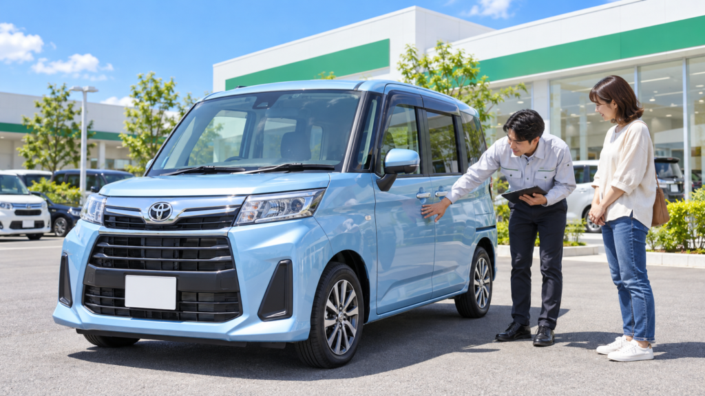晴れた日の買取店で、水色のトヨタ・ルーミーの外装を査定するスタッフとオーナーのイメージ画像
