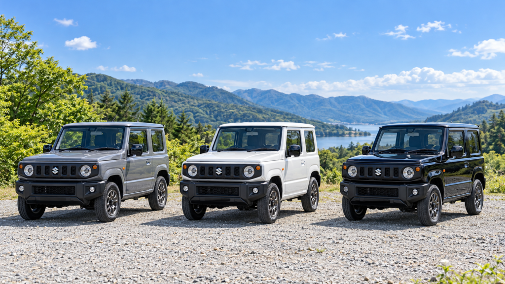 晴れた山と湖を背景に、グレー・ホワイトパール・ブラックのジムニー3台が並ぶイメージ画像