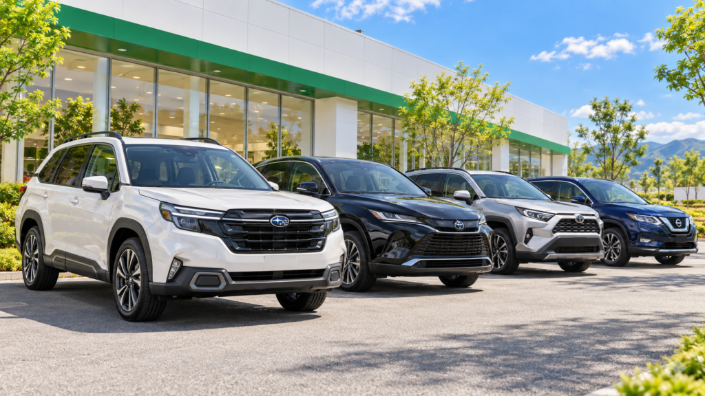 晴れた日の緑と白を基調とした買取専門店に、白いフォレスターをはじめSUV4台が並ぶイメージ画像