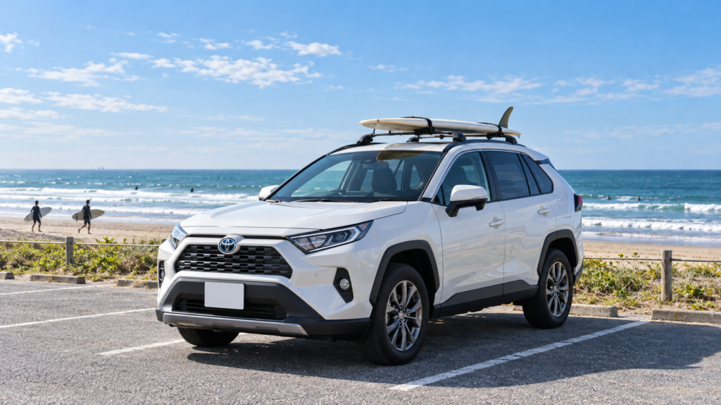 一宮海岸を思わせる晴れた海辺の駐車場に、サーフボードを屋根に載せた白いRAV4が佇むイメージ画像