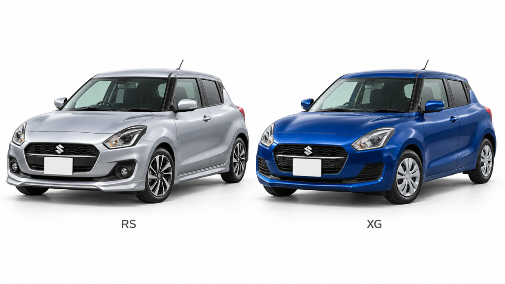 白いステージに並ぶシルバーの旧型スイフトRSと青のXGのイメージ画像。各車の下にRS・XGの表記。