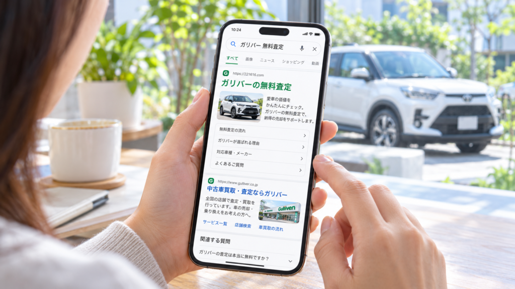 白いライズが見える窓辺で、スマートフォンを使ってガリバーの無料査定を調べているイメージ画像