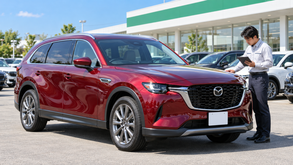 晴れた日に白とグリーンの買取店で査定を受けるマツダレッドのCX-80と、後方に並ぶ中古車のイメージ画像