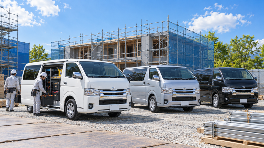 晴れた建設現場に白・シルバー・黒のハイエース3台が停車し、作業員が工具を運ぶイメージ画像