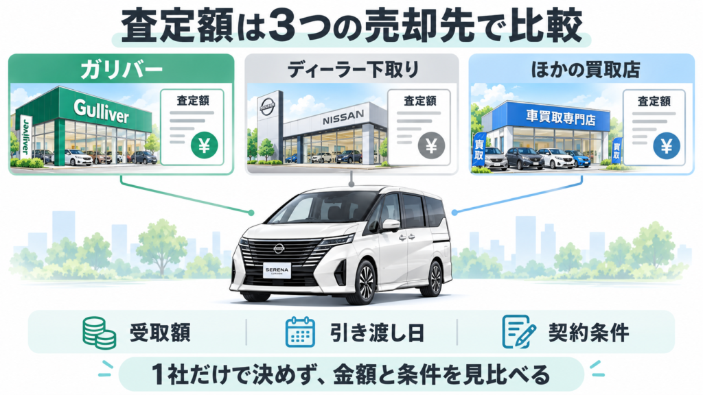 セレナの査定額をガリバー、ディーラー下取り、ほかの買取店で比較し、受取額・引き渡し日・契約条件を確認するイメージ図