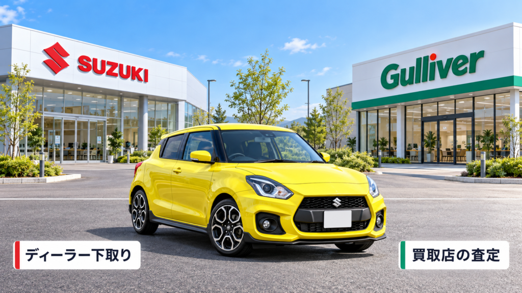 黄色のスイフトスポーツを中央に、左にスズキのディーラー、右にガリバー風の買取店を配置した、下取りと買取査定を比較するイメージ画像。