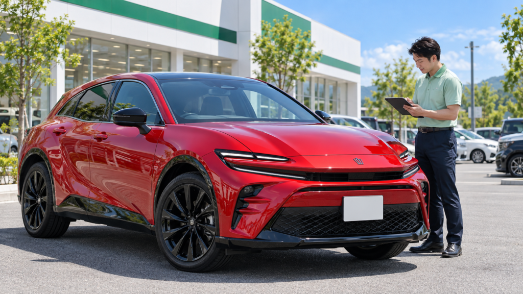 晴れた日の爽やかな車買取店で、スタッフの査定を受ける純正赤のクラウンスポーツのイメージ画像