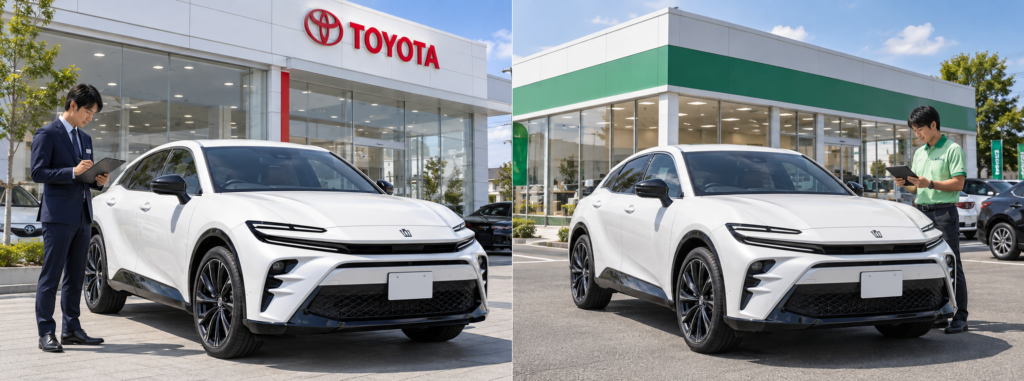 トヨタのディーラーでの下取り査定と車買取店での買取査定を受ける白のクラウンスポーツを左右に並べたイメージ画像