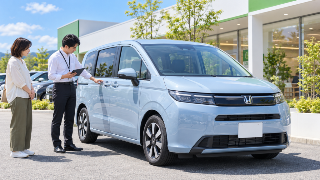 晴れた日の明るい買取店で、スタッフが水色のホンダ・フリードを査定しているイメージ画像