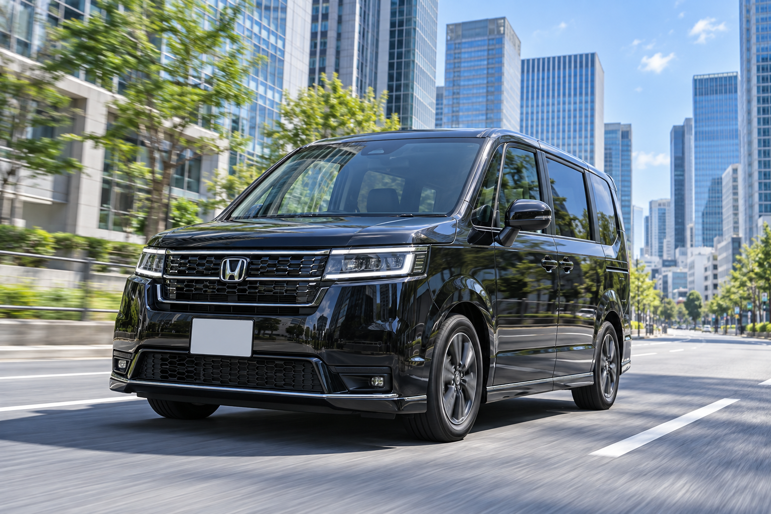 晴れたビル街を走る黒い現行型ステップワゴン スパーダのイメージ