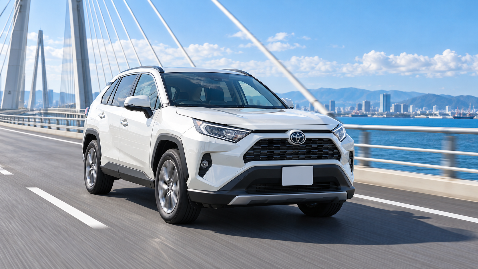 晴れた日に青い海を望む橋の上を走る白いRAV4を、斜め前から捉えたイメージ画像