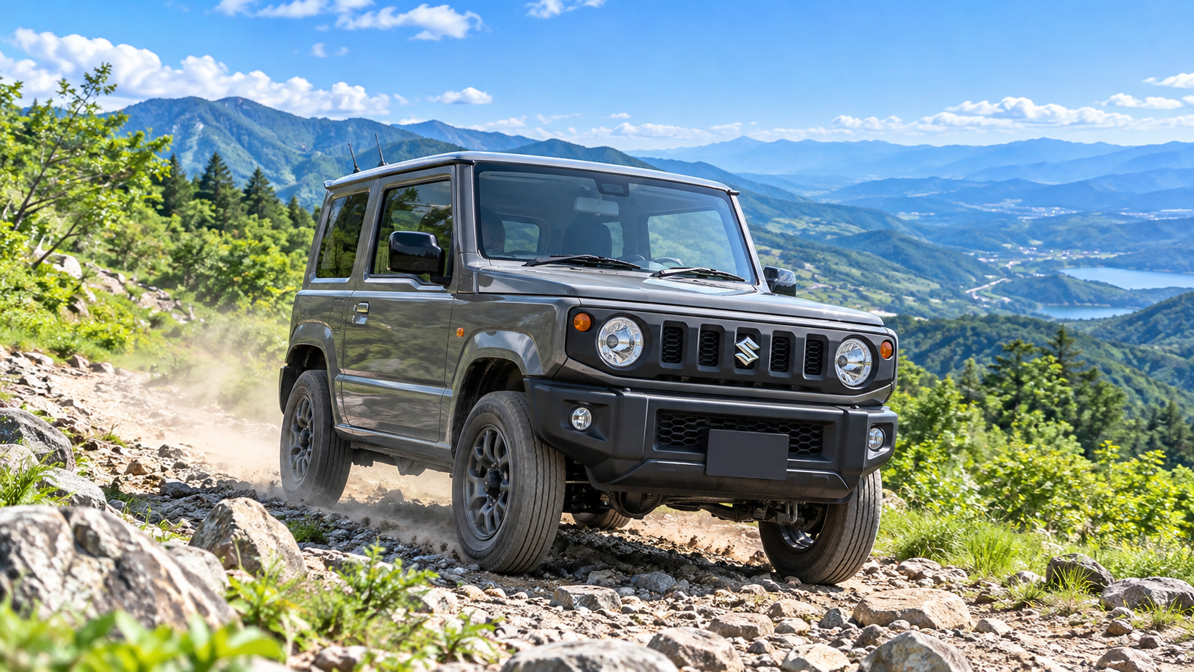A gray Suzuki Jimny driving on a rocky mountain trail under a clear blue sky